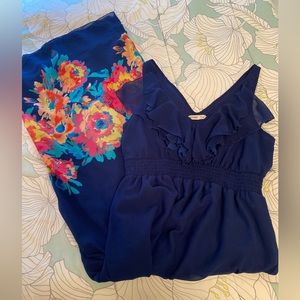 Navy blue and floral print flowy maxi dress